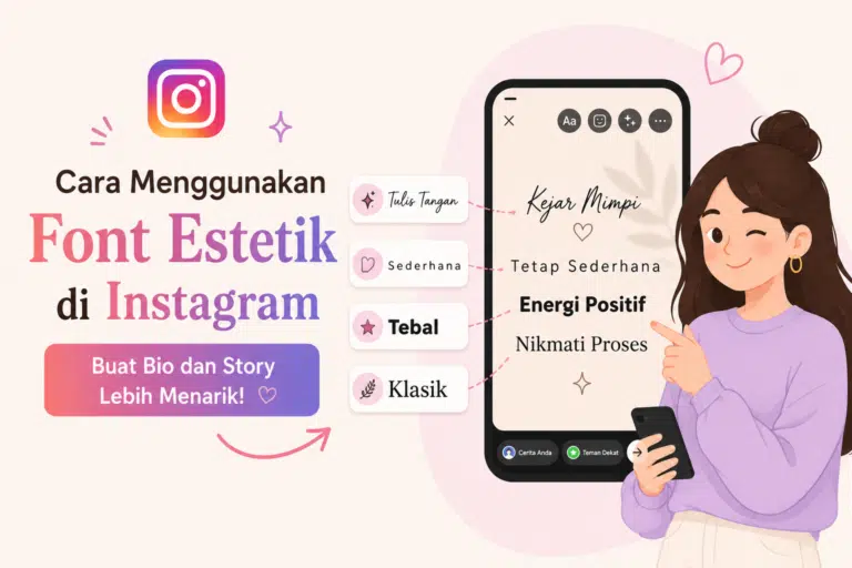 Ilustrasi estetik cara menggunakan font aesthetic di Instagram dengan gadis kartun memegang ponsel dan contoh gaya tulisan unik untuk story Instagram.