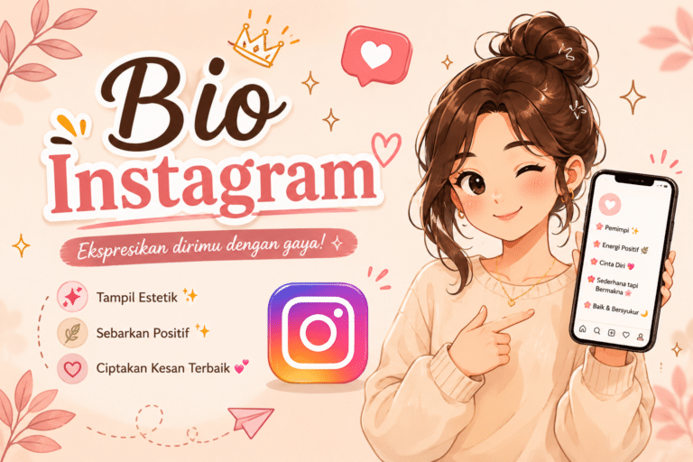 Cute aesthetic Instagram bio illustration in Indonesian language featuring an anime-style girl holding a phone with stylish Instagram bio ideas and pastel background.