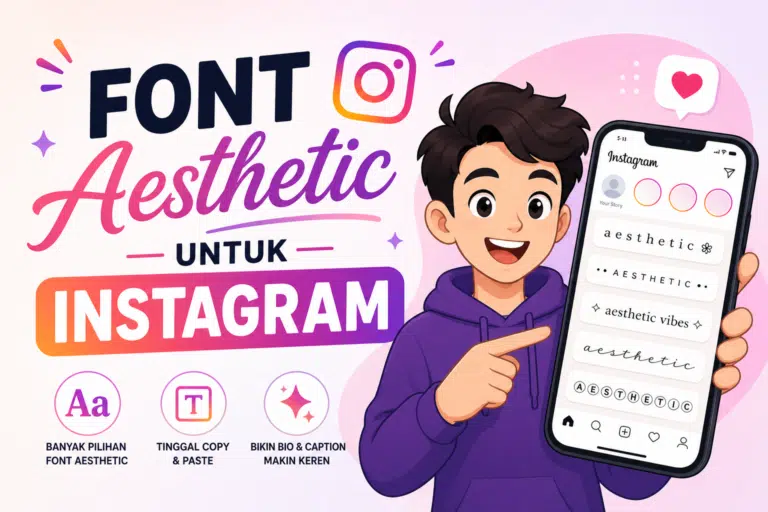 Font aesthetic untuk Instagram dengan karakter animasi menggunakan smartphone menampilkan bio dan caption stylish