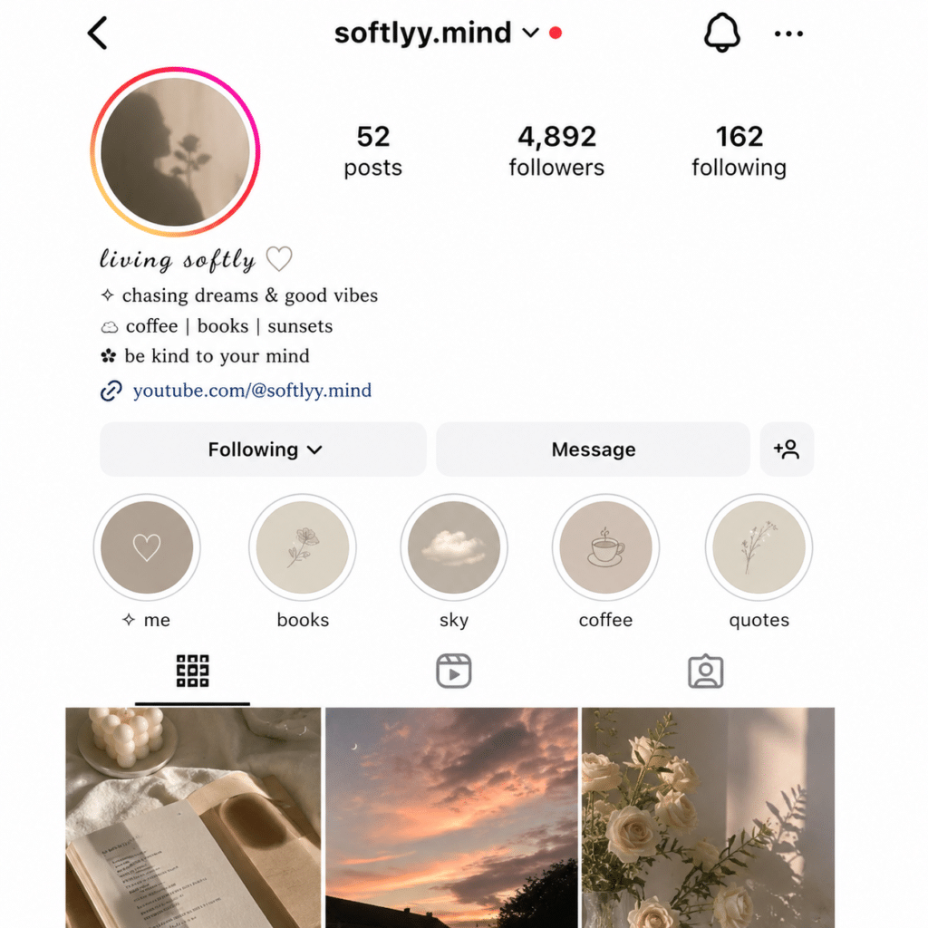 Aesthetic Instagram profile design with stylish bio fonts, soft beige theme, minimalist highlights, and elegant Instagram feed layout.