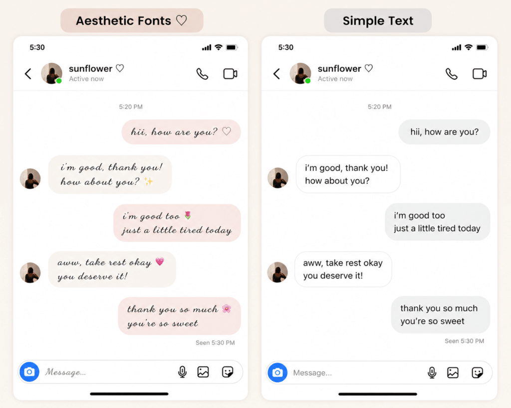 Instagram chat comparison showing aesthetic fonts vs simple text messages with stylish cursive typography and normal Instagram DM text style.