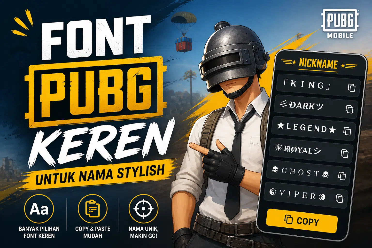 Font PUBG keren untuk nama stylish dengan karakter animasi memegang smartphone menampilkan nickname gaming unik