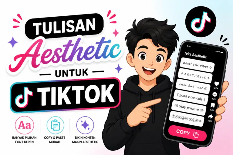 Tulisan aesthetic untuk TikTok dengan karakter animasi menggunakan smartphone menampilkan font unik untuk bio dan caption
