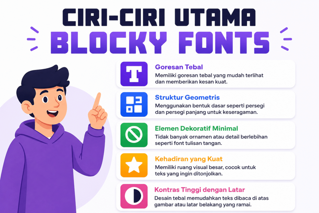 Infografis edukasi berbahasa Indonesia yang menjelaskan ciri-ciri utama blocky fonts seperti goresan tebal, struktur geometris, elemen dekoratif minimal, tampilan kuat, dan kontras tinggi dengan latar belakang.