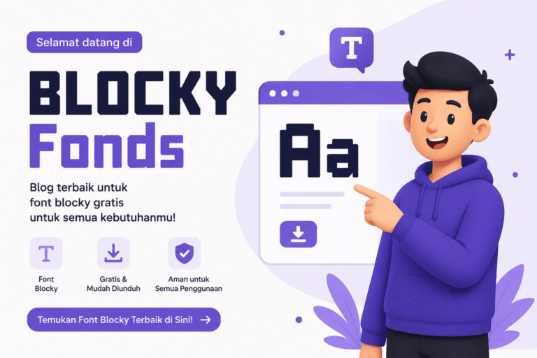 Ilustrasi karakter animasi 3D yang menunjuk ke tampilan font blocky dengan teks “Blocky Fonds”, menampilkan font kotak modern gratis untuk desain kreatif dan kebutuhan tipografi.