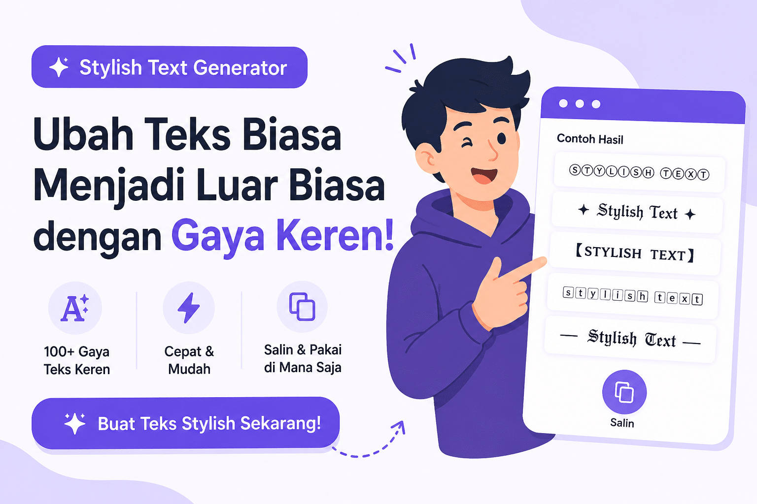 Ilustrasi vektor seorang karakter animasi yang menggunakan Stylish Text Generator untuk mengubah teks biasa menjadi teks keren dengan berbagai gaya font unik dan modern.