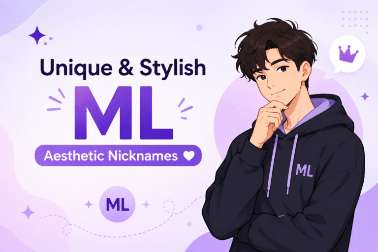Unique & Stylish ML Aesthetic Nicknames banner featuring an animated gamer character and trendy Mobile Legends nickname ideas in a modern purple aesthetic design.