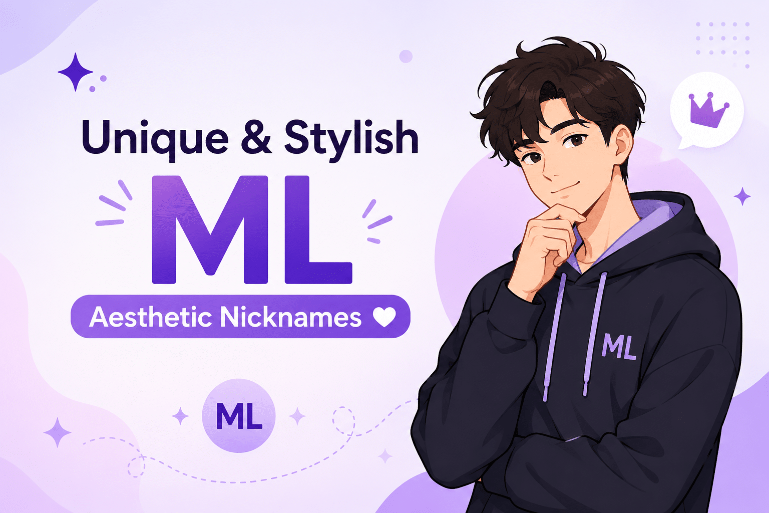 Unique & Stylish ML Aesthetic Nicknames banner featuring an animated gamer character and trendy Mobile Legends nickname ideas in a modern purple aesthetic design.