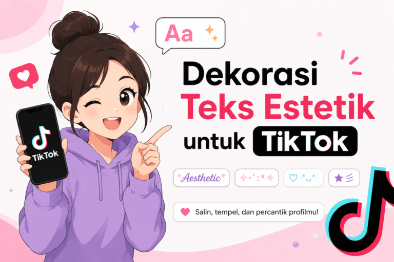 Ilustrasi karakter animasi memegang ponsel dengan dekorasi teks estetik untuk TikTok, menampilkan font unik, simbol, dan teks bergaya untuk bio, nama pengguna, serta caption.