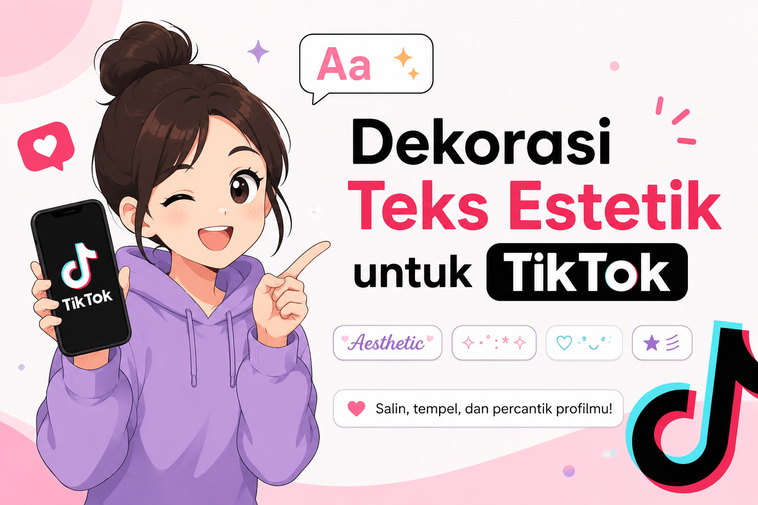 Ilustrasi karakter animasi memegang ponsel dengan dekorasi teks estetik untuk TikTok, menampilkan font unik, simbol, dan teks bergaya untuk bio, nama pengguna, serta caption.