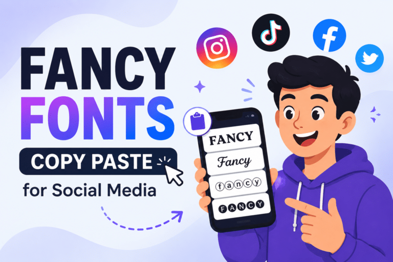 Font fancy copy paste untuk media sosial dengan ilustrasi karakter animasi yang menunjukkan berbagai gaya teks unik di smartphone.
