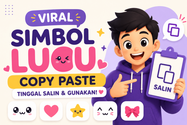 Simbol lucu viral copy paste dengan ikon hati, bintang, wajah imut, dan karakter animasi yang menunjukkan fitur salin simbol untuk media sosial.